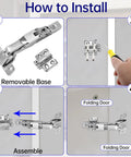 Installation guide for Rock Solid 135 Degree Kitchen Cabinet Hinges For Corner Cabinets with removable base and folding door.