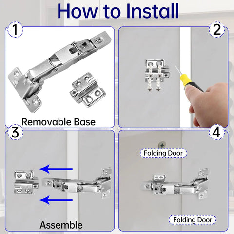 Installation guide for Rock Solid 135 Degree Kitchen Cabinet Hinges For Corner Cabinets with removable base and folding door.