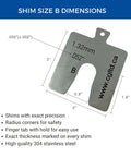 Top Shelf Stainless Steel Slotted Shims 3X3 Inch Square Replacement Pack Precision Layout Gauge for Auto Tuning showing dimensions of steel shim B.