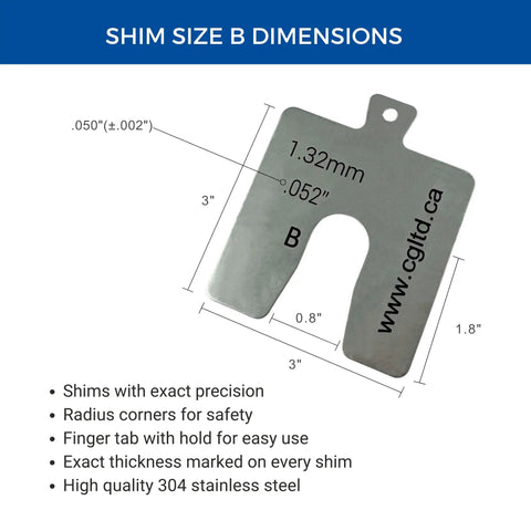 Top Shelf Stainless Steel Slotted Shims 3X3 Inch Square Replacement Pack Precision Layout Gauge for Auto Tuning showing dimensions of steel shim B.