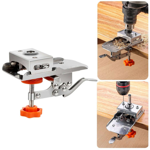 Front view of silver woodworking hinge boring jig with orange knob, for 35mm hinge holes.