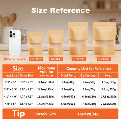 Size reference of 100 Pcs Kraft Stand Up Pouches With Matte Window Resealable Zipper Bags for goods packaging.