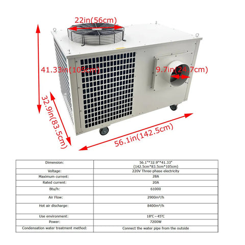 Rock Solid Industrial Air Conditioner Portable Commercial Spot Cooler 220V 61000 Btu 7200W, showing dimensions and features.