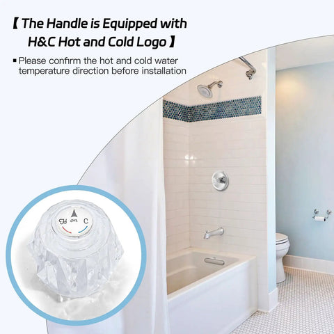 Faucet Handle Replacement Kit RP2391 For 600 Series Tub And Shower Faucets Clear Knob with H&C logo next to a shower setup