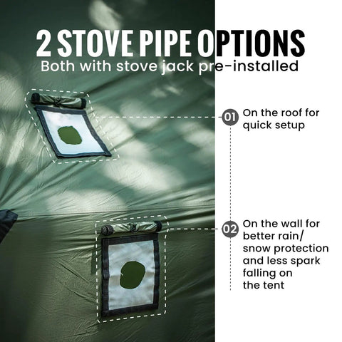Hammock Hot Tent With Stove Jack For Winter Camping, showing two stove pipe options with pre-installed jacks.