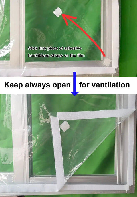 Ditch The Winter Chill With Adjustable Clear Window Insulation Kit Featuring Tough Adhesive Strips Reusable Plastic Film Wrap showing adhesive strap placement on window film.