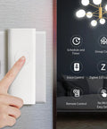Hand pressing Smart Light Switch Starter Kit With Bridge No Wiring Needed Snap On Over Existing Toggle or Rocker Easy Installation