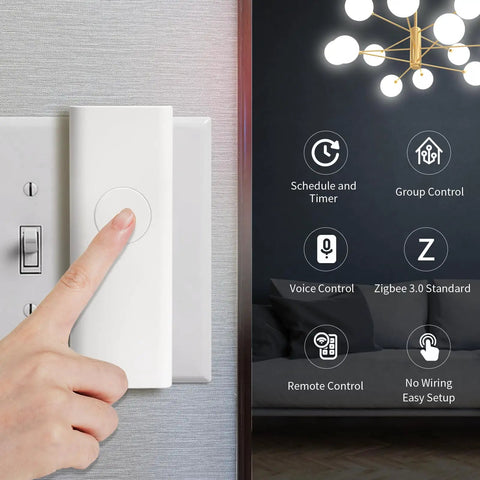 Hand pressing Smart Light Switch Starter Kit With Bridge No Wiring Needed Snap On Over Existing Toggle or Rocker Easy Installation