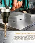 Cobalt drill bit set, 29 pcs, M35 HSS twist drills in metal index box; drill in metal workpiece