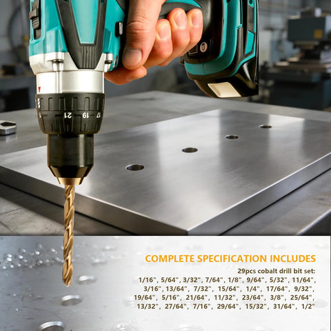Cobalt drill bit set, 29 pcs, M35 HSS twist drills in metal index box; drill in metal workpiece