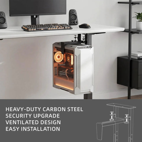 Under Desk PC Mount For Standing Desk Built Tough Heavy Duty Clamp And Drill CPU Holder 66 Lbs Capacity Black setup