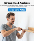 Man installing shelf using Self Drilling Drywall Anchors With Screws Kit No Pre Drill Needed Anti Spin Grip for Secure Mounts.