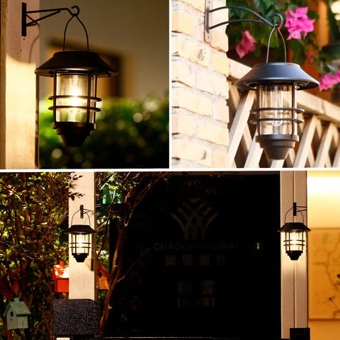 2 Pack Solar Lanterns Outdoor Hanging Lights For Porch Fence Yard Glass Metal Waterproof Dusk To Dawn Auto On Warm White LED Garden Lanterns With Wall Mount Bracket