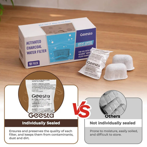 12 Pack Replacement Charcoal Water Filter Cartridges For Your Go-To Coffee Brewer Or Machine 1.0 And 2.0 Series box and filters
