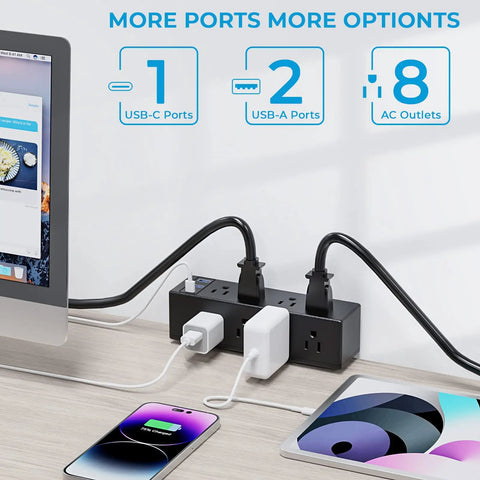 Edge Mount Desk Clamp Power Strip With Eight AC Outlets Plus Two USB A Ports And One USB C 18W Fast Charge and plugged devices