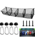Multi Compartment Truck Bed Cargo Net For Tesla Cybertruck 2024 with clips and screws for secure load in pickup bed.
