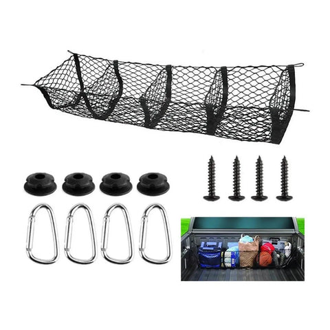 Multi Compartment Truck Bed Cargo Net For Tesla Cybertruck 2024 with clips and screws for secure load in pickup bed.