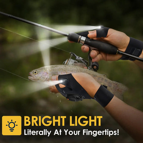 Man wearing Rechargeable LED Flashlight Gloves For Men And DIY Crew, Waterproof Lighted Hand Gear, holding a fishing rod with a fish
