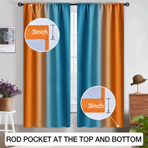 Gradient Ombre Room Darkening Curtains Two Panels 72 Inch Long Light Blocking Drapes in Orange and Blue with Rod Pocket
