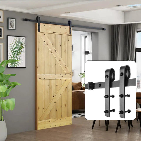 No Fuss 6.6 Foot Sliding Barn Wood Door Hardware Kit with Premium Carbon Steel Track System in living room