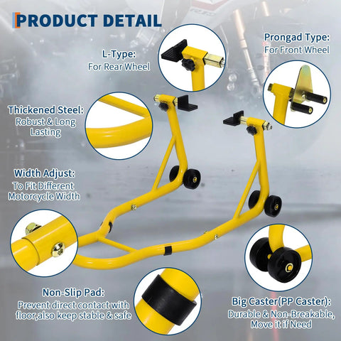 900 Lbs Front And Rear Universal Motorcycle Stand Lift For Most Sport And Dirt Bikes Yellow Portable Bike Stand With Adjustable Brackets showing details