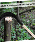 Manganese Steel Hand Scythe for Weeding and Cultivation with Comfortable Grip, shown with sharpened blade on tree stump
