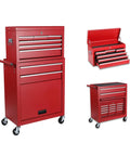 Rock Solid Heavy Duty Steel Tool Chest With 8 Deep Drawers And Rollin Locking Wheels, red, on wheels, three views showcasing storage options.