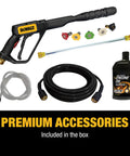 Premium accessories for Powerful 3300 PSI Gas Pressure Washer With 2.4 GPM, 208cc Residential Engine, spray nozzles, hose, oil