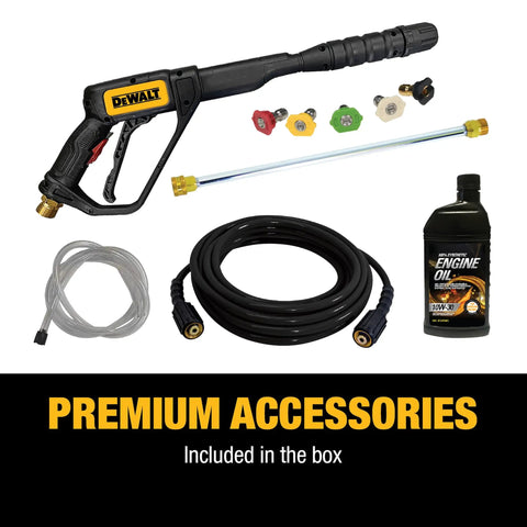 Premium accessories for Powerful 3300 PSI Gas Pressure Washer With 2.4 GPM, 208cc Residential Engine, spray nozzles, hose, oil