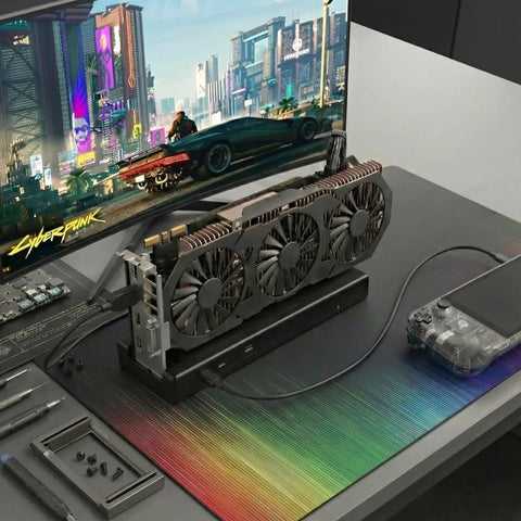 Next Level 80Gbps eGPU Enclosure For Thunderbolt 5 And USB4 Systems, external graphics dock with GPU on desk setup.