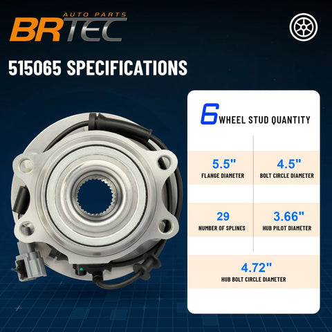 Image of Six Lug Wheel Hub Assembly 515065 specifications for Nissan Frontier, Pathfinder, Xterra, and Suzuki Equator with ABS.