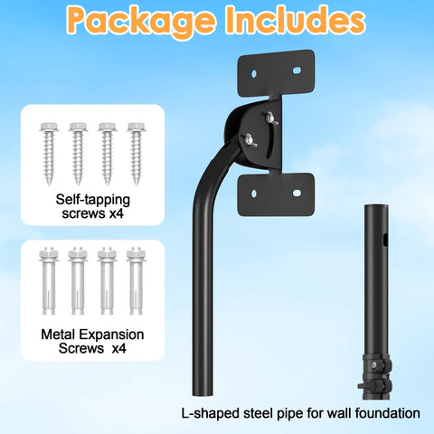 Heavy Duty Antenna Mount Pole For Outdoor Use With 180 Degree Pivot Base shown with screws and L-shaped steel pipe