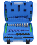 Bearing Press Kit 43 Piece Race And Seal Driver Set With 4 Knurled Handles in blue case, various adapters shown inside