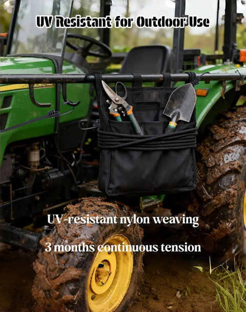 Heavy Duty Bungee Cords With Hooks Four Pack Two Foot Black Elastic Straps securing gear on tractor