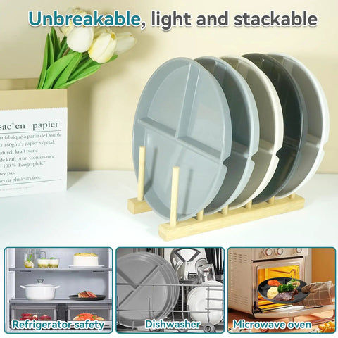 9 Inch Portion Control Plate Set For Weight Loss With 5 Plastic Divided Plates For Adults And Kids In 3 Compartments Microwave Safe And Dishwasher Safe Great For Easy Meal Prep And Healthy Eating, shown stacked in a wooden rack