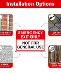 Installation options for 2 Pack Emergency Exit Only Sign Not For General Use with bold lettering and mounting methods shown.