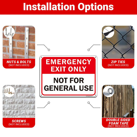 Installation options for 2 Pack Emergency Exit Only Sign Not For General Use with bold lettering and mounting methods shown.
