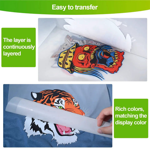 DTF Transfer Film Kit 13x19 Inches A3 Plus 50 Sheets Double Sided Matte Clear Pretreat PET Heat Transfer Paper showing designs