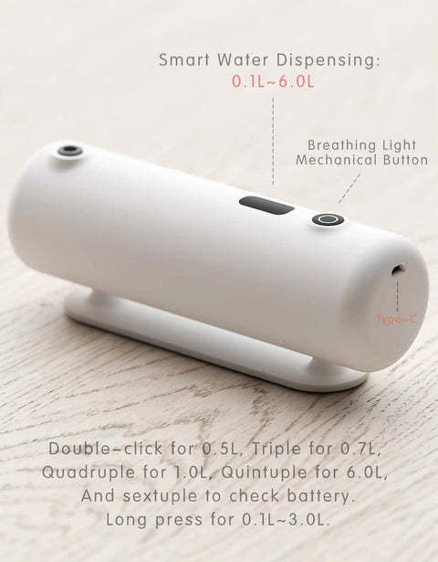 Sea Ghost Desktop Water Bottle Dispenser with USB Type C charging and automatic pump, shown on a wooden surface with button details.