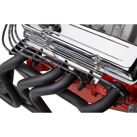 Slick Chrome Wire Loom Kit With Sliding Tabs For V8 Engines, Includes Two Looms And Black Insulator Dividers on engine bay