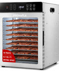 Digital Food Dehydrator With Ten Broad Trays To Whip Up Juicy Jerky Crispy Fruit Chips Dried Herbs And Quality Dog Chews Running Quiet On Precise Temperature Dial And All Day Timer For Super Easy Snack Making At Home showcasing ten trays filled with jerky.