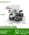 High Volume 12 Cup Auto Filling Drip Coffee Maker With Three Glass Carafes And Three Warmers Heavy Duty Stainless Steel Pour Over Brewer With Hot Water Supply For Restaurant Office Cafe And Busy Break Rooms shown with measurements.