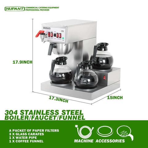 High Volume 12 Cup Auto Filling Drip Coffee Maker With Three Glass Carafes And Three Warmers Heavy Duty Stainless Steel Pour Over Brewer With Hot Water Supply For Restaurant Office Cafe And Busy Break Rooms shown with measurements.