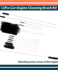 12Pcs Car Engine Cleaning Brush Kit With Stainless Steel Wire And Nylon Bristles Pro Grade Long Reach Handles In 10 12 18 And 34 Inches 61820 Replacement Parts Set For Deep Cleaning And Degreasing Motors displayed front view