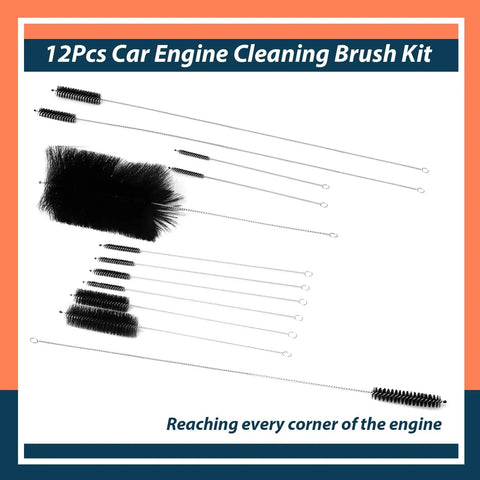 12Pcs Car Engine Cleaning Brush Kit With Stainless Steel Wire And Nylon Bristles Pro Grade Long Reach Handles In 10 12 18 And 34 Inches 61820 Replacement Parts Set For Deep Cleaning And Degreasing Motors displayed front view