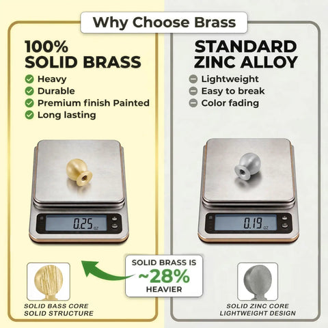 Easy Install Real Deal Solid Brass Mini Knobs 5 Pack Measure a True 1/2 Inch for Crafting DIY Hobbies Jewelry Boxes and Tiny Furniture With Top Shelf Grip and Warm Touch, comparison of solid brass and zinc alloy weights.