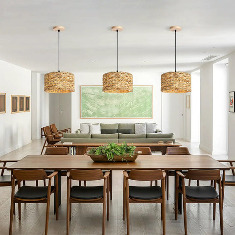 Natural Rattan Chandelier With Handwoven Wicker Pendant Light, Retro American Country Farmhouse Vibe For Dining Room Kitchen Living Room Bedroom, Ceiling Mounted Fixture, Height Adjustable For Cozy Glow in modern dining room setting.