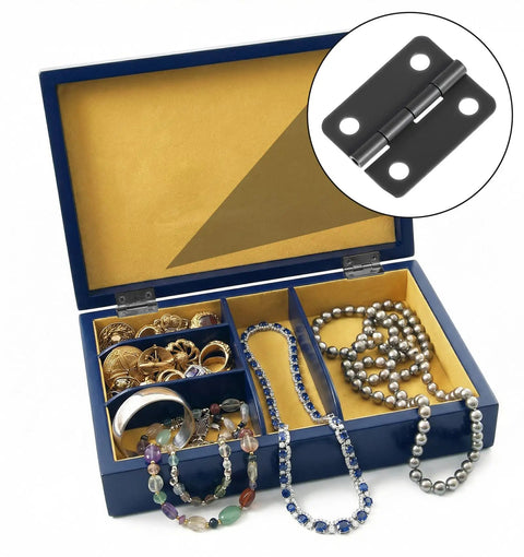 Jewelry box with open lid and inset of 1 inch tiny metal hinge from 50 Pairs 1 Inch Tiny Metal Hinges With Screws For Wooden Boxes