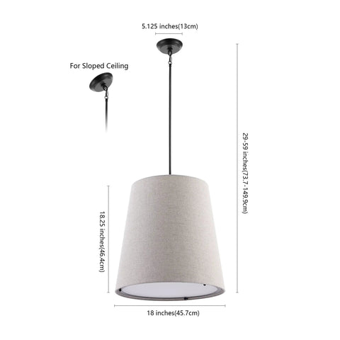 Oil Rubbed Bronze 1 Light Pendant Light With Iron And Linen Shade Dope Modern Farmhouse Bohemian Hanging Ceiling Fixture Adjustable Height LED Bulb Included For Easy Home Makeover, 18 in shade, dimensions shown