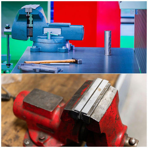 6 Inch Aluminum Vise Jaws With Magnetic V Type Soft Rubber Pads Covers on blue and red vises, workshop setup